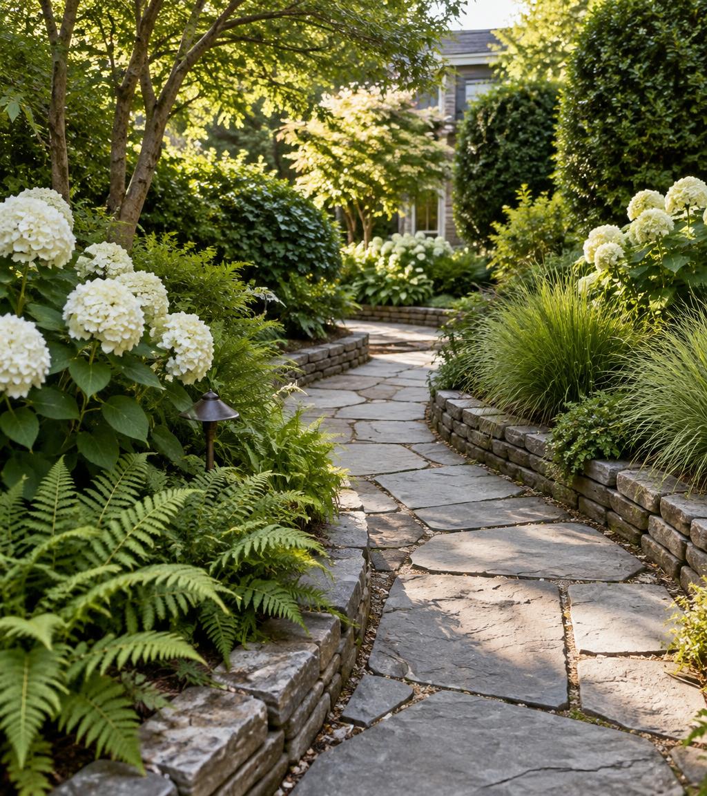 An organic flagstone path winding through layered planting, with stacked stone edging and a quiet garden atmosphere.