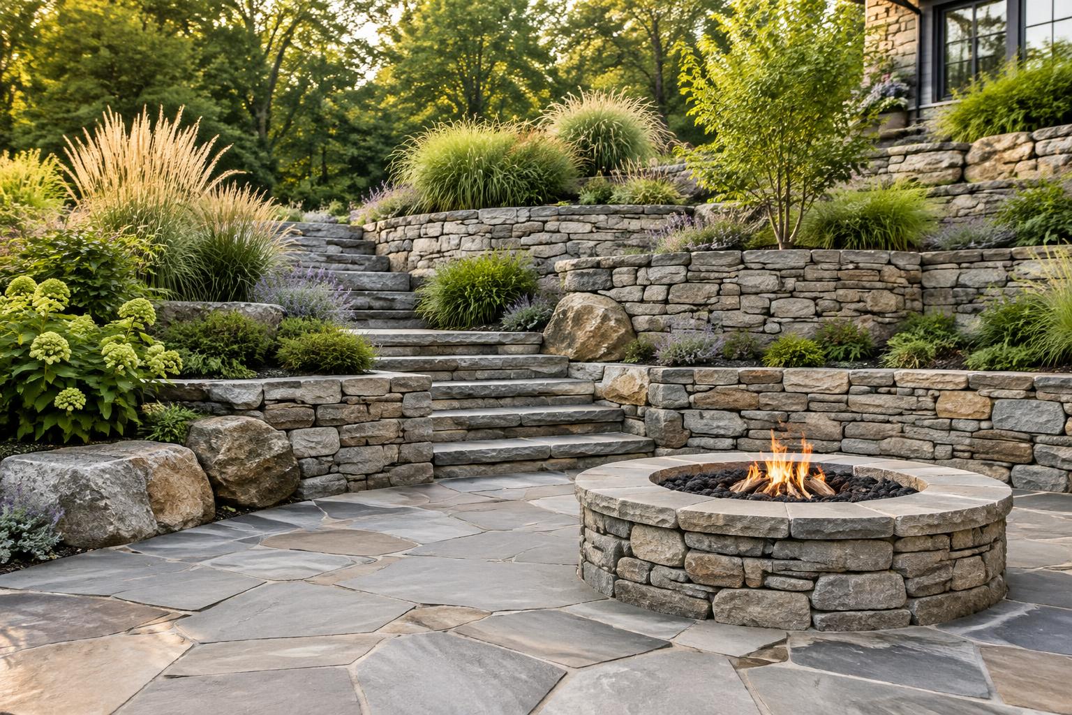 A terraced garden with natural stone steps and a fire pit, designed around a generous flagstone gathering space.